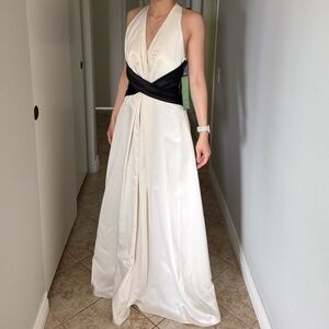 Nicole Miller Ivory Maxi Halter Gown with Black Waist Accent